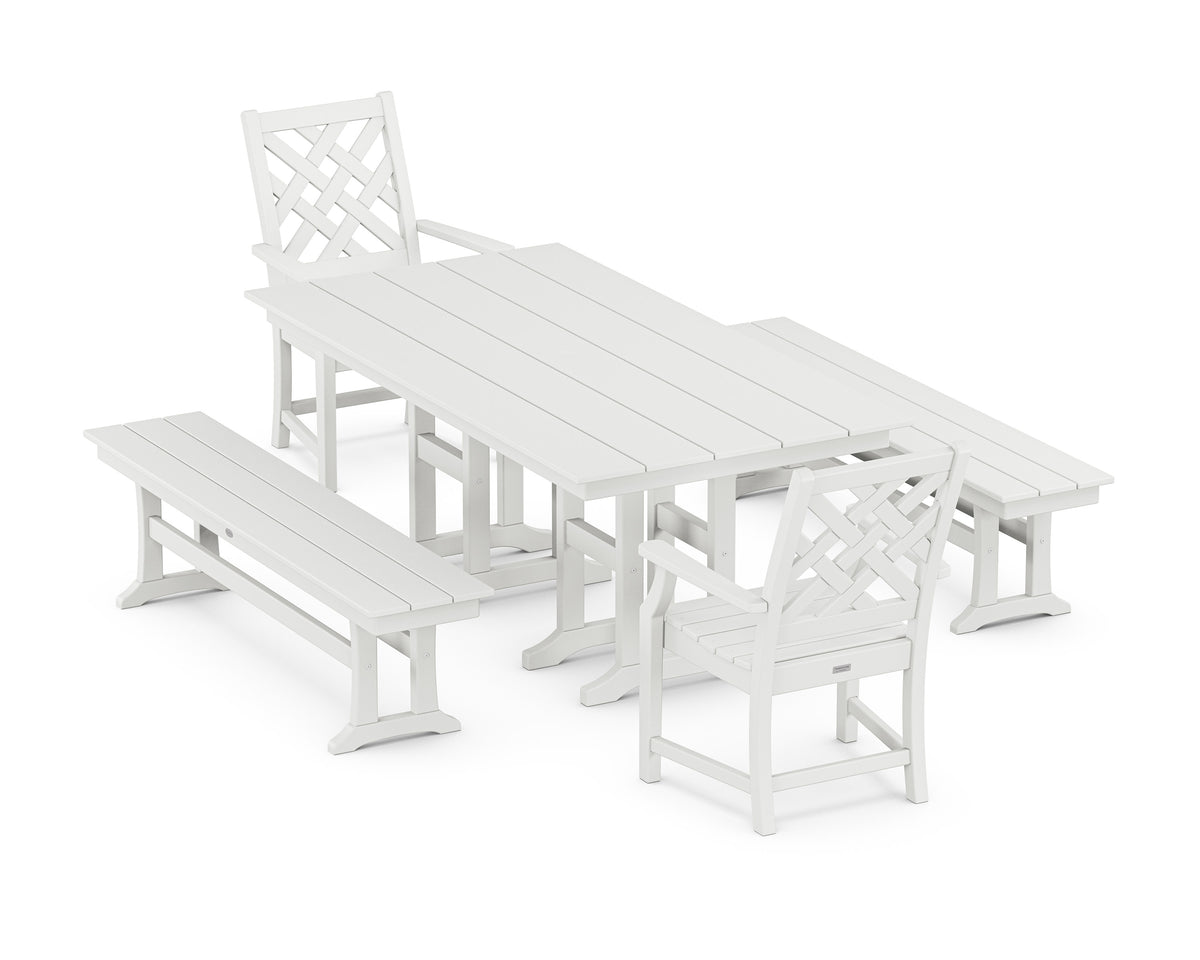 POLYWOOD Wovendale 5-Piece Farmhouse Dining Set with Benches in White