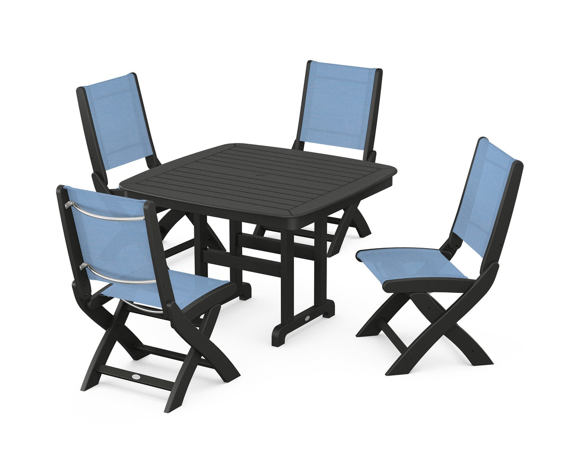 POLYWOOD Coastal Folding Side Chair 5-Piece Dining Set with Nautical 44" Dining Table in Black / Poolside