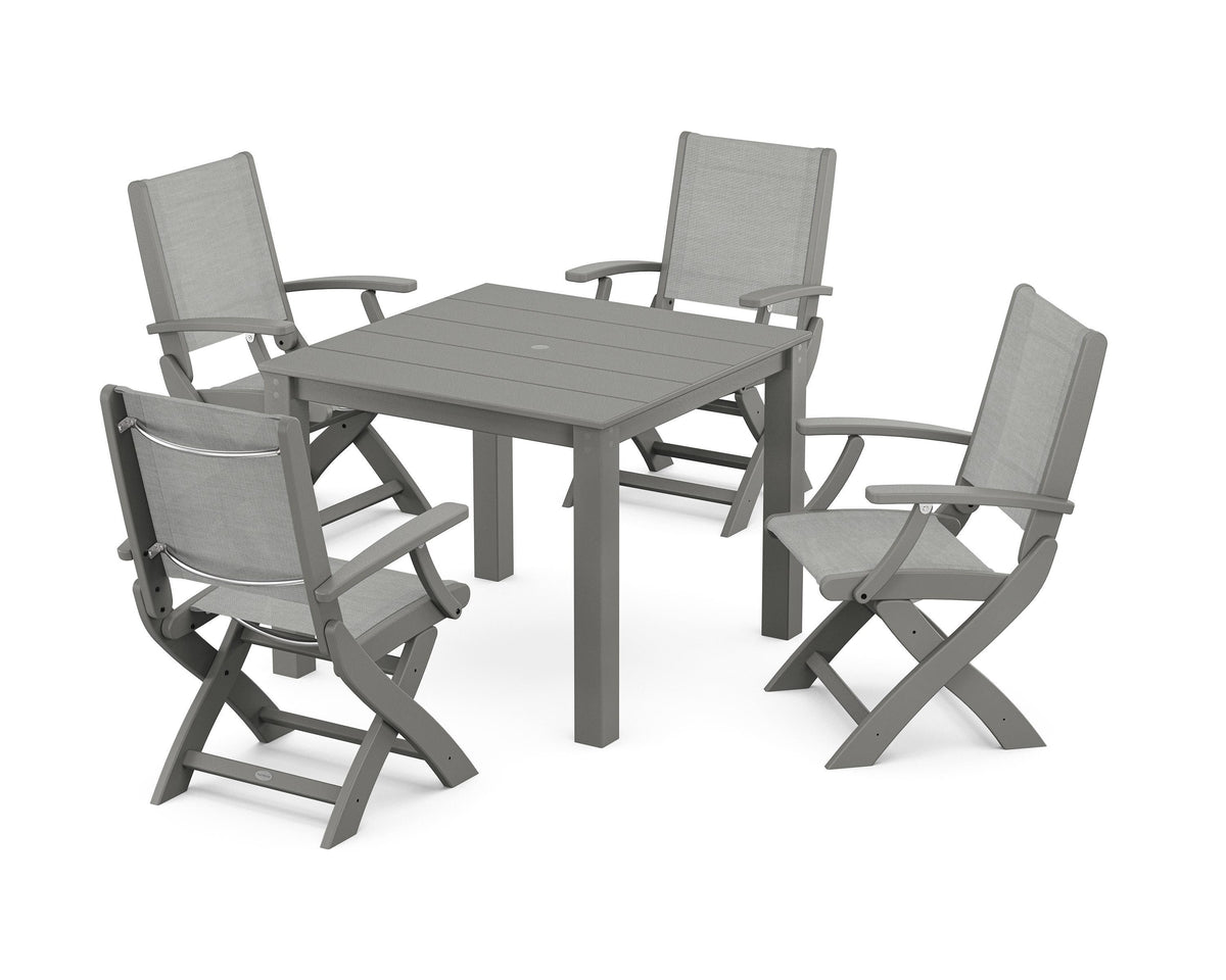 POLYWOOD Coastal Folding Chair 5-Piece Parsons Dining Set in Slate Grey / Metallic