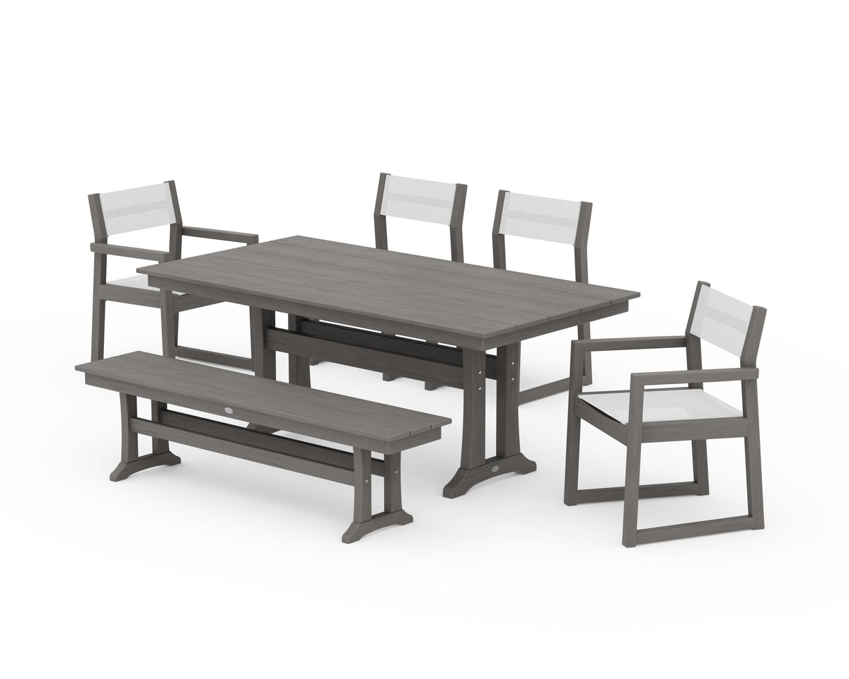 POLYWOOD EDGE Sling 6-Piece Farmhouse Dining Set With Trestle Legs in Driftwood / White