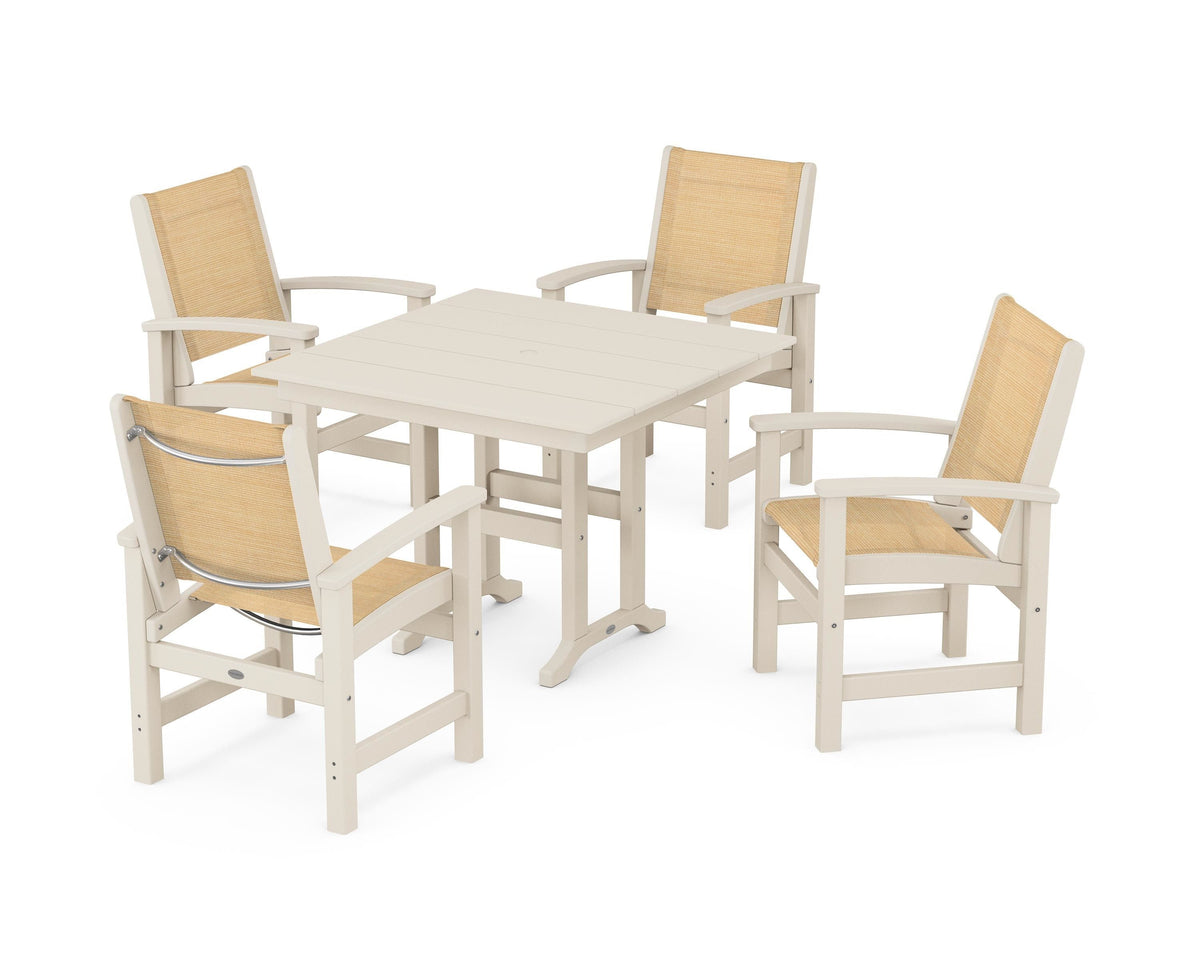 POLYWOOD Coastal 5-Piece Farmhouse Dining Set with Farmhouse 37" Dining Table in Sand / Dupioni Apricot