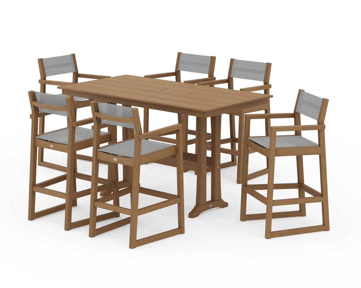 POLYWOOD EDGE Sling Arm Chair 7-Piece Farmhouse Bar Set with Trestle Legs in Natural / Metallic