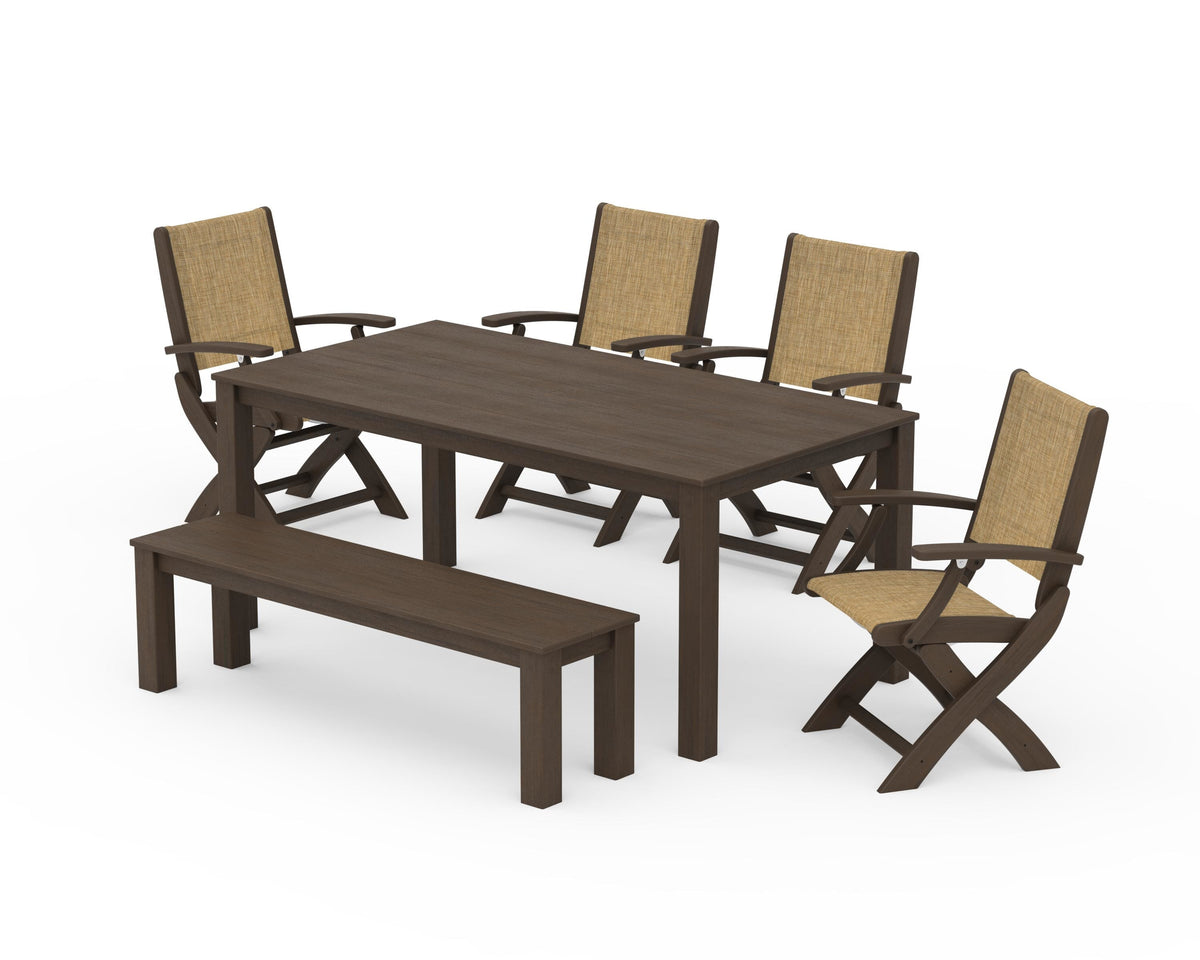 POLYWOOD Coastal Folding Chair 6-Piece Parsons Dining Set with Bench in Kona / Burlap