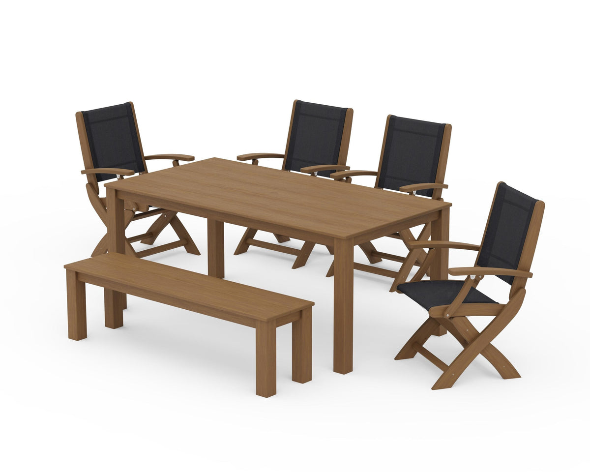 POLYWOOD Coastal Folding Chair 6-Piece Parsons Dining Set with Bench in Natural / Black