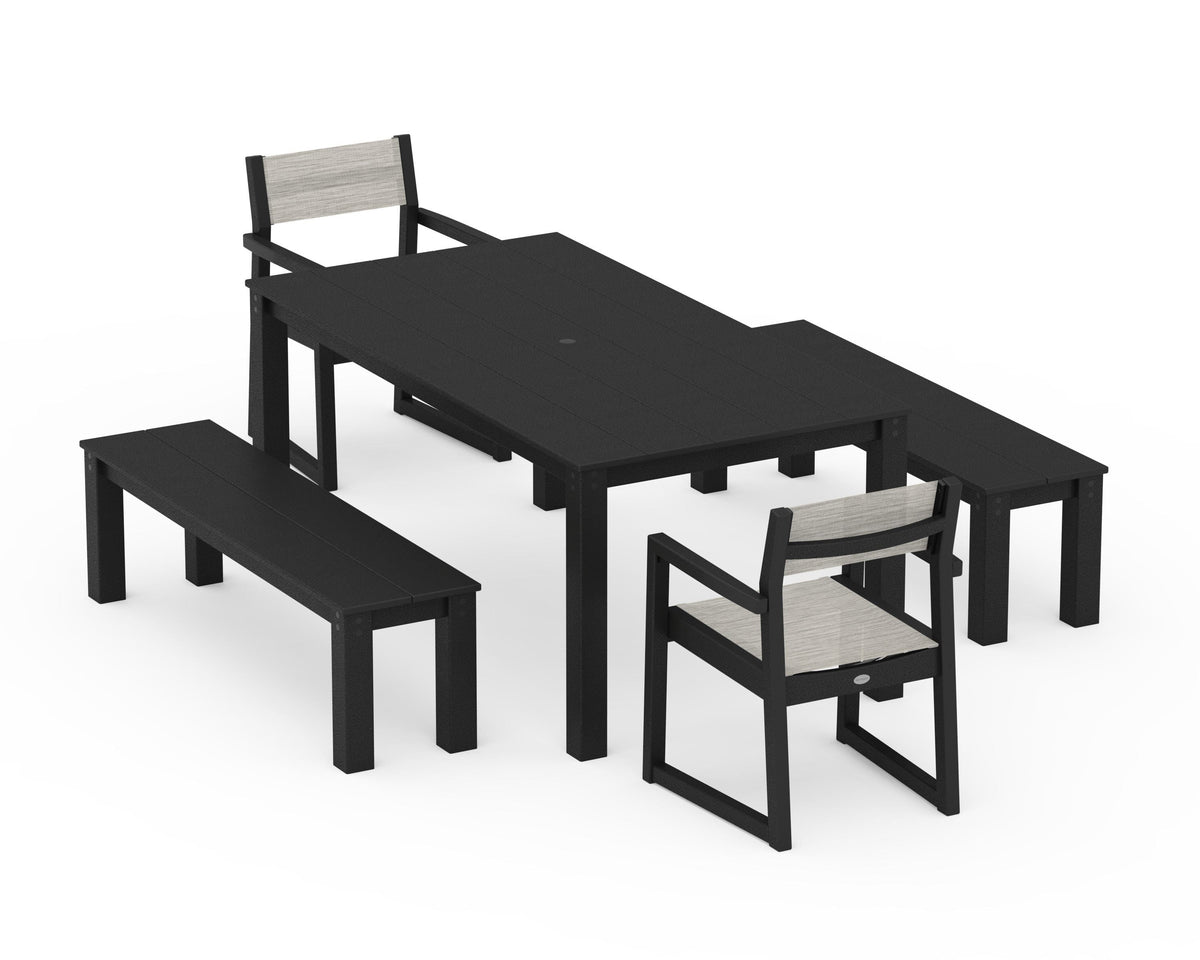 POLYWOOD EDGE Sling Arm Chair 5-Piece Parsons Dining Set with Benches in Black / Birch