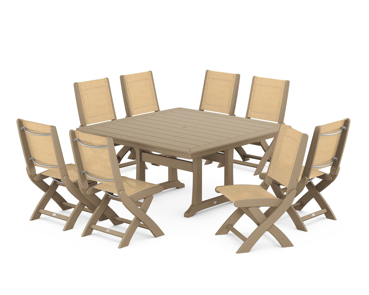 POLYWOOD Coastal Folding Side Chair 9-Piece Dining Set with Trestle Legs in Vintage Sahara / Dupioni Apricot