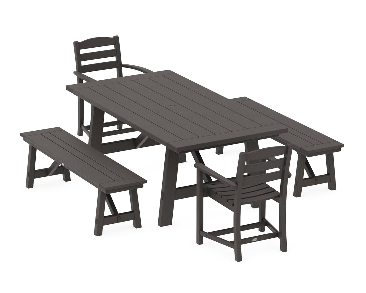 POLYWOOD La Casa Café 5-Piece Rustic Farmhouse Dining Set with Benches in Vintage Coffee