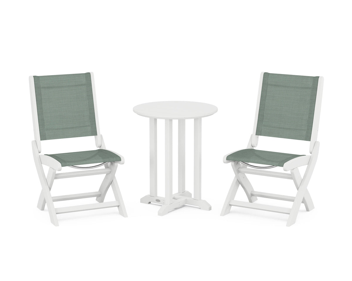 POLYWOOD Coastal Folding Side Chair 3-Piece Round Bistro Dining Set in White / Dupioni Sea Mist
