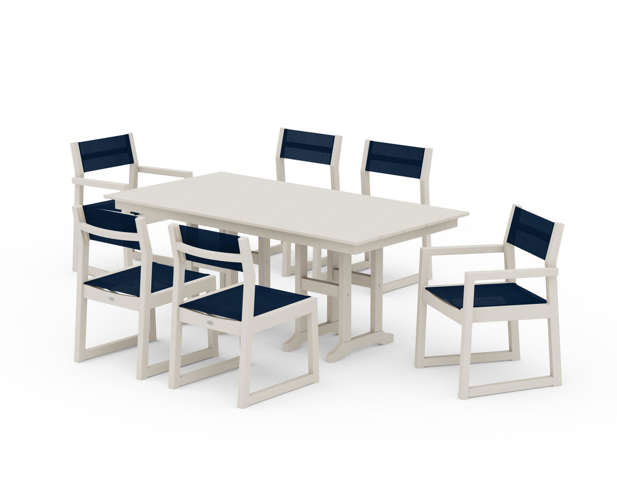 POLYWOOD EDGE Sling 7-Piece Farmhouse Dining Set in Sand / Navy Blue