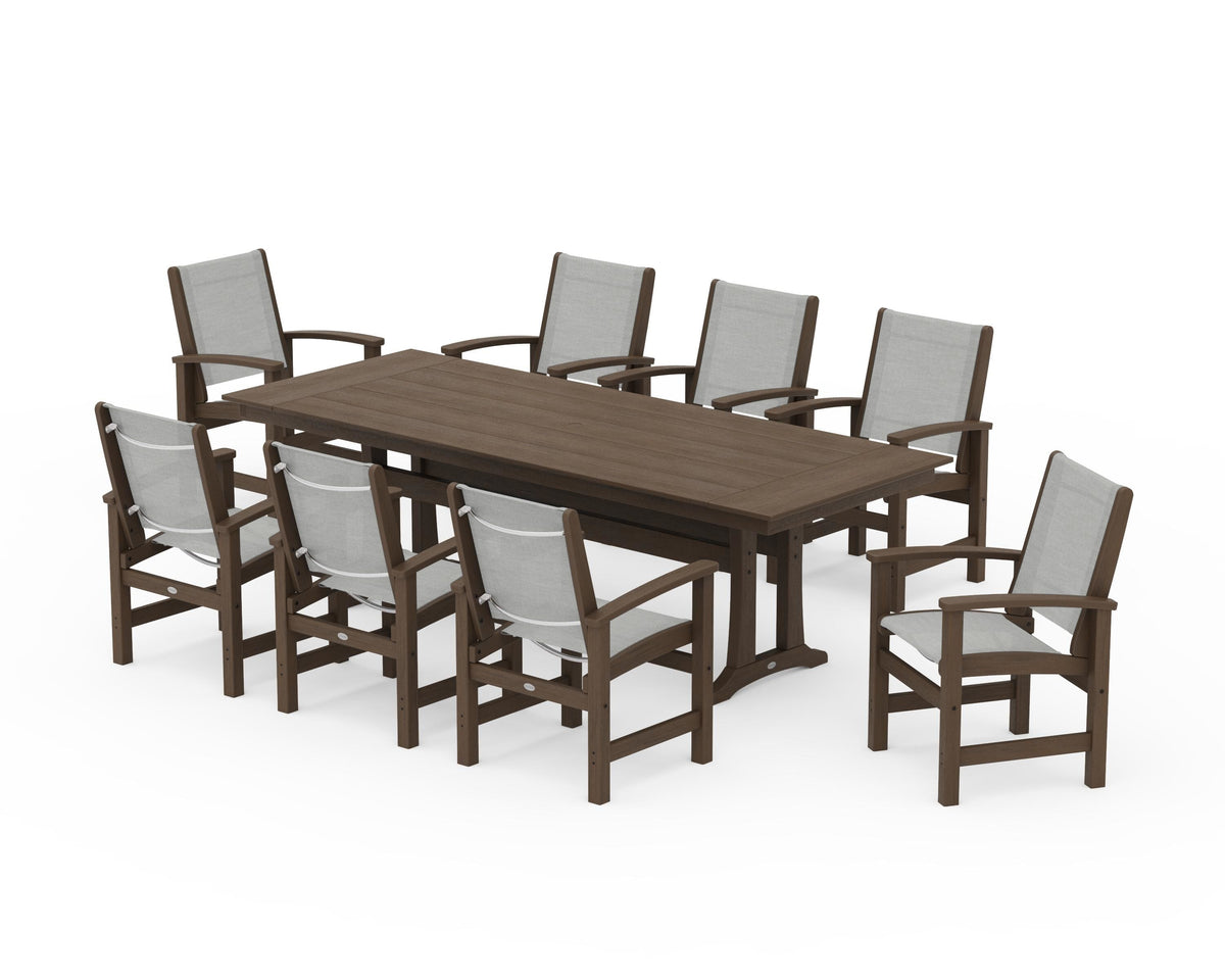 POLYWOOD Coastal 9-Piece Farmhouse Dining Set with Trestle Legs in Kona / Metallic