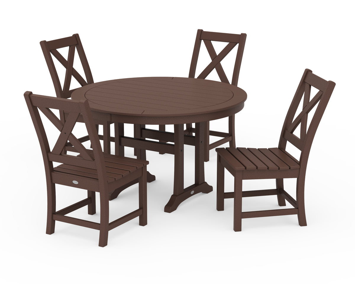 POLYWOOD Braxton Side Chair 5-Piece Round Dining Set with Trestle Legs in Mahogany
