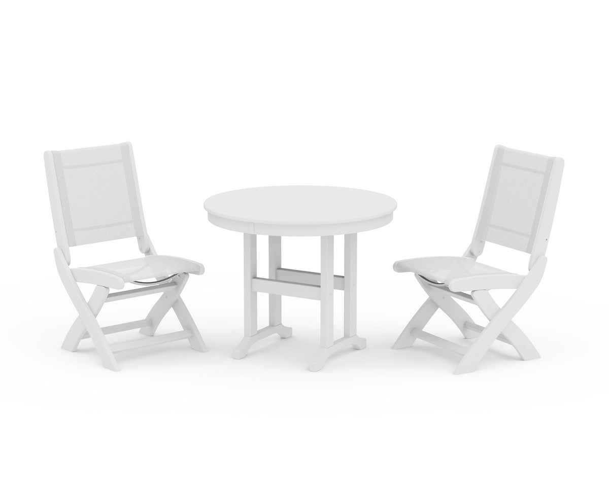 POLYWOOD Coastal Folding Side Chair 3-Piece Round Dining Set in White / White