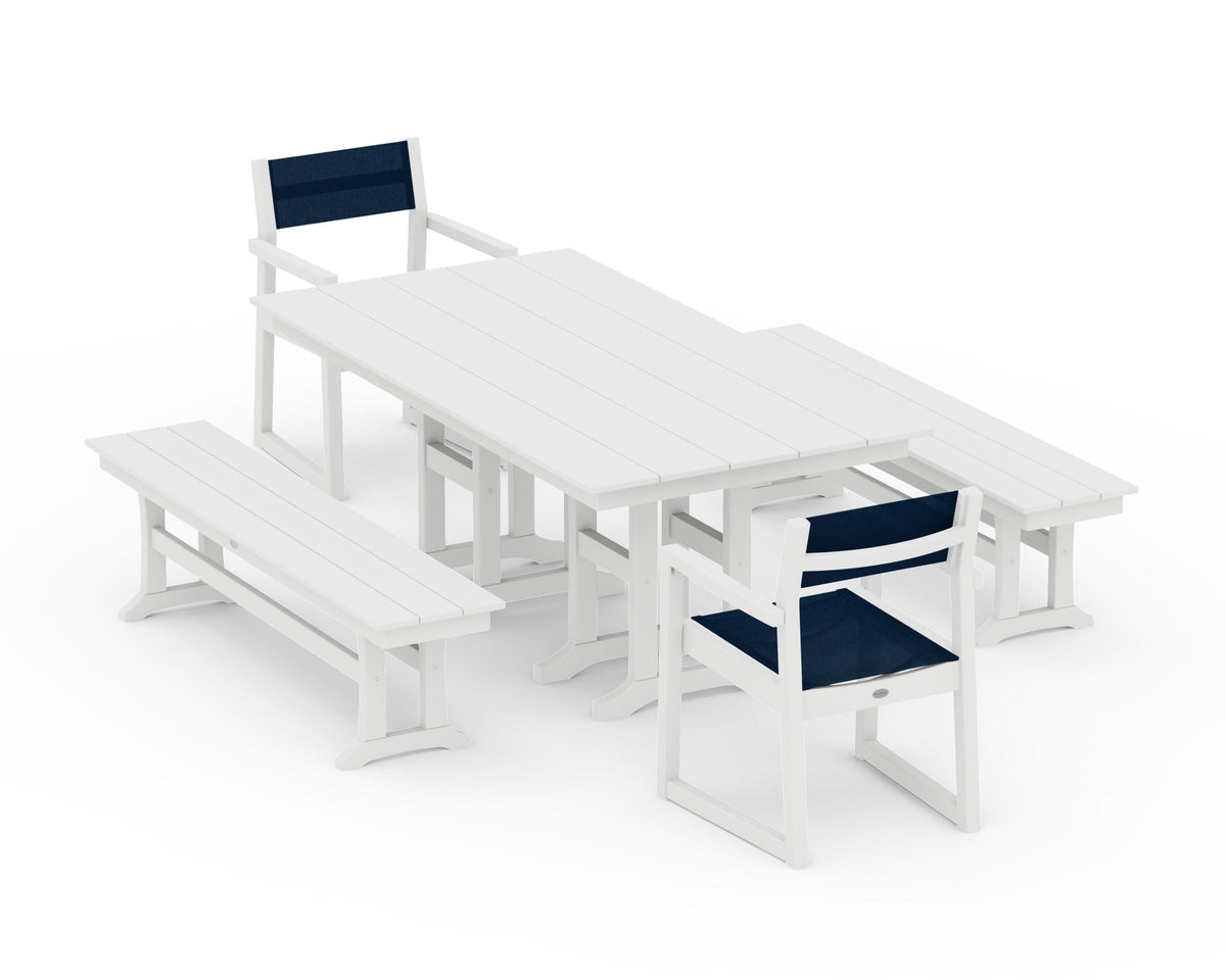 POLYWOOD EDGE Sling Arm Chair 5-Piece Farmhouse Dining Set with Benches in White / Navy Blue
