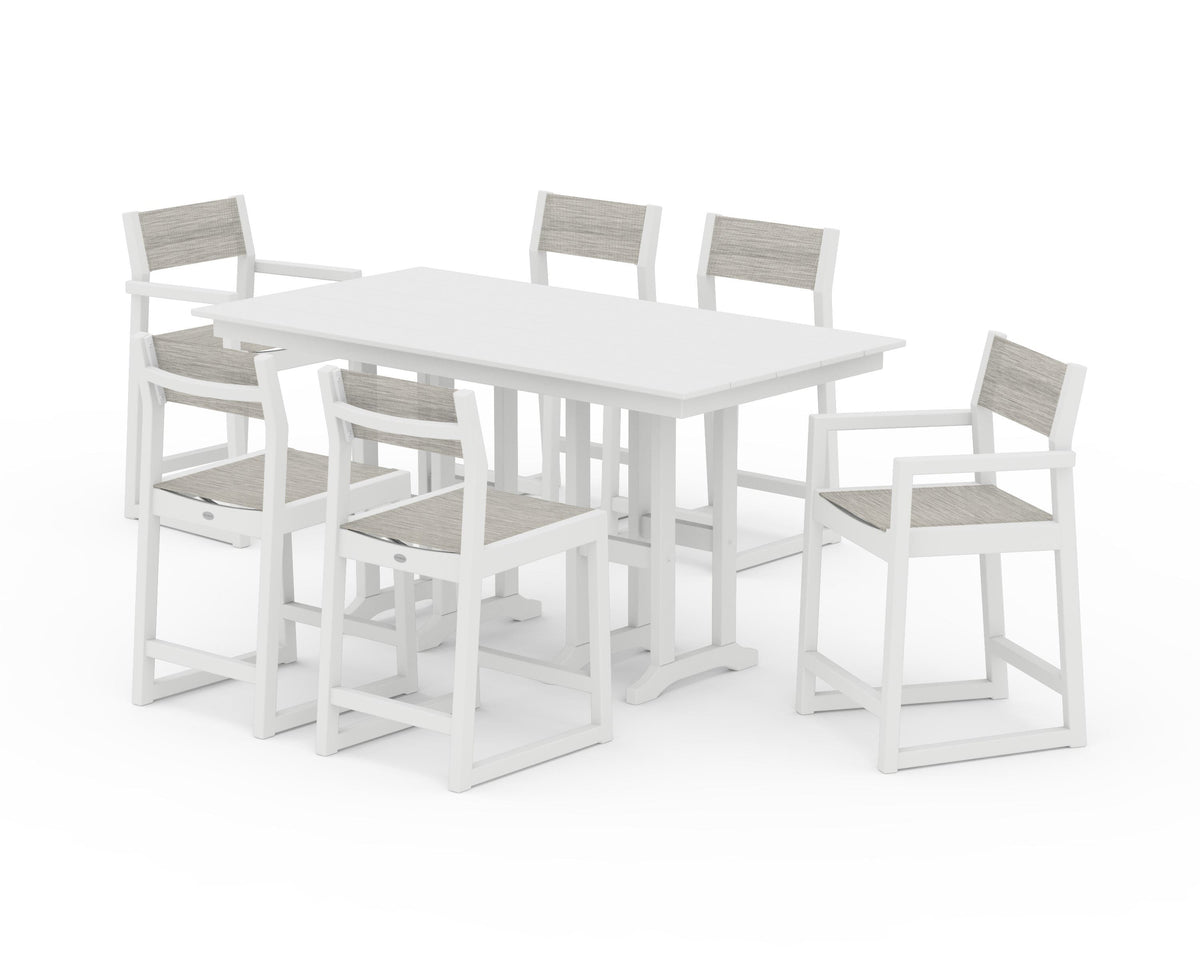 POLYWOOD EDGE Sling 7-Piece Farmhouse Counter Set with Trestle Legs in White / Birch