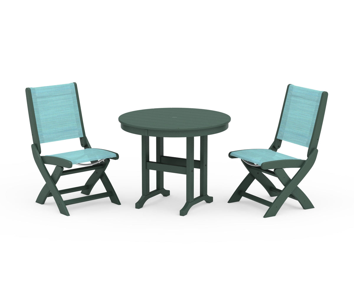 POLYWOOD Coastal Folding Side Chair 3-Piece Round Dining Set in Green / Dupioni Aquamarine