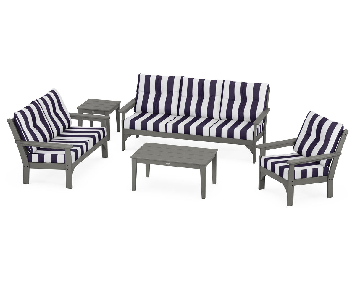 POLYWOOD Vineyard 5-Piece Deep Seating Set with Sofa in Slate Grey / Cabana Stripe Navy