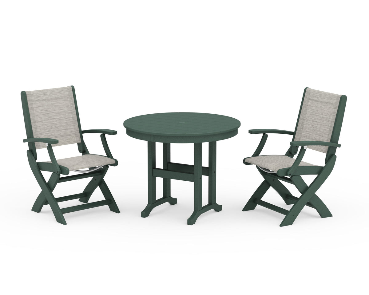 POLYWOOD Coastal Folding Chair 3-Piece Round Dining Set in Green / Birch