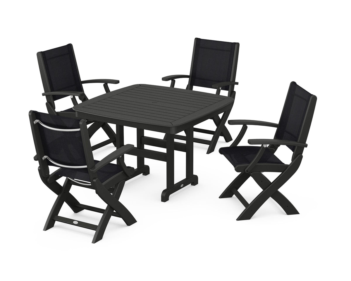 POLYWOOD Coastal Folding Chair 5-Piece Dining Set with Nautical 44" Dining Table in Black / Black