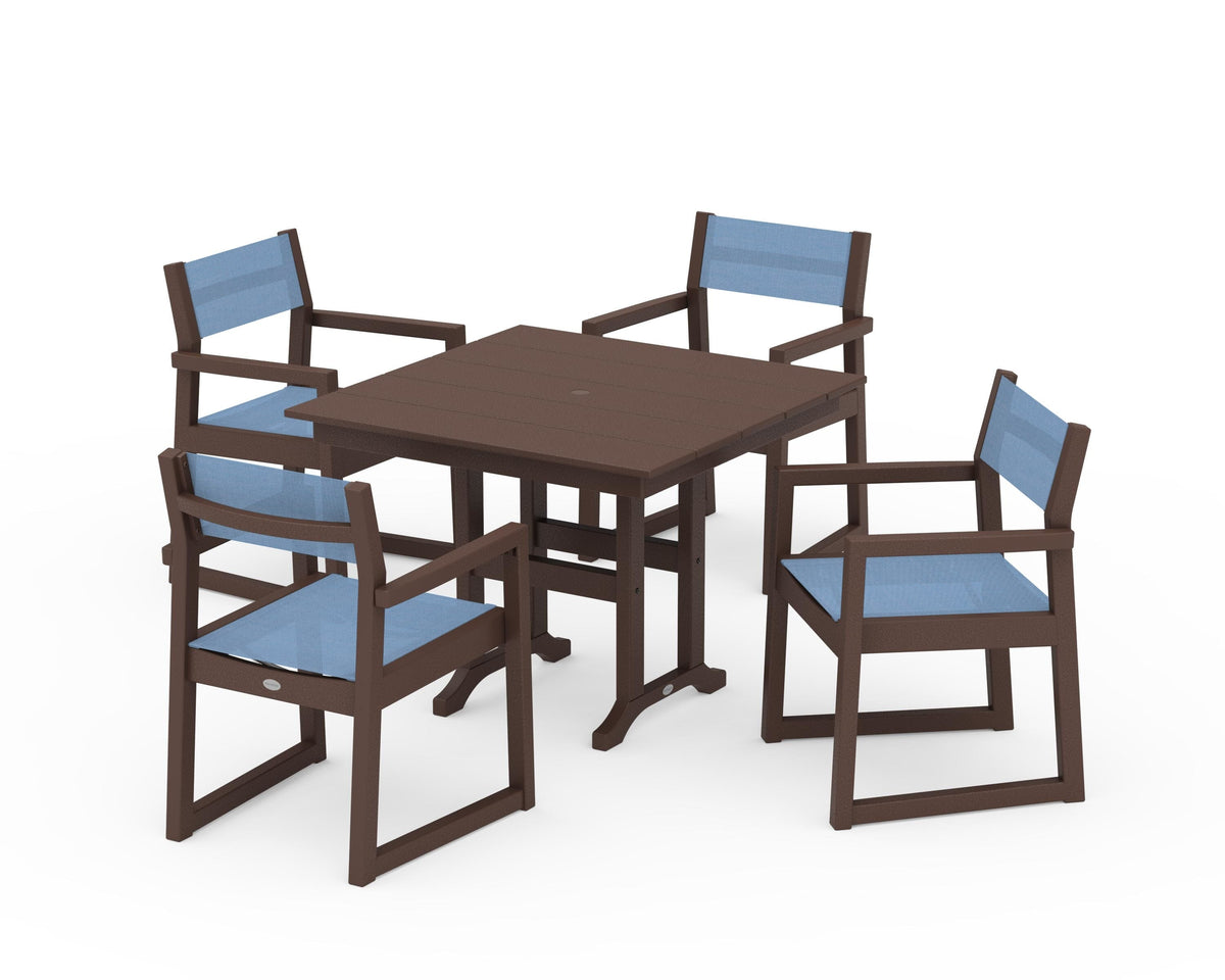 POLYWOOD EDGE Sling Arm Chair 5-Piece Farmhouse Dining Set in Mahogany / Poolside