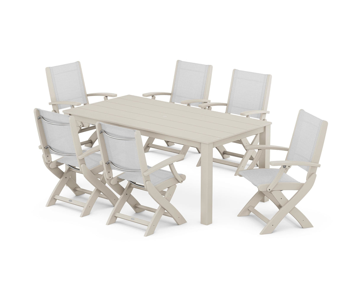 POLYWOOD Coastal Folding Chair 7-Piece Parsons Dining Set in Sand / White