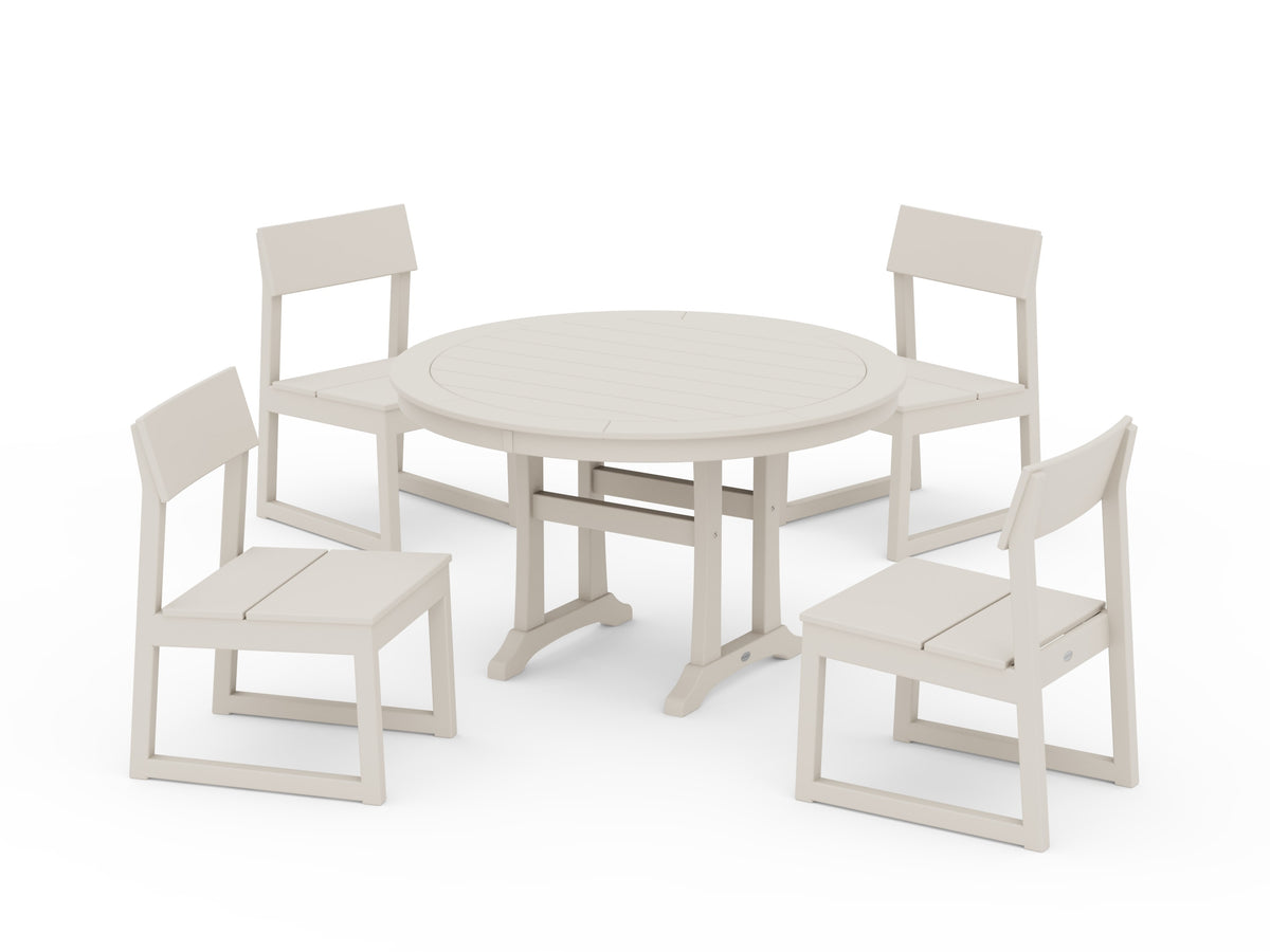 POLYWOOD EDGE Side Chair 5-Piece Round Dining Set with Trestle Legs in Sand