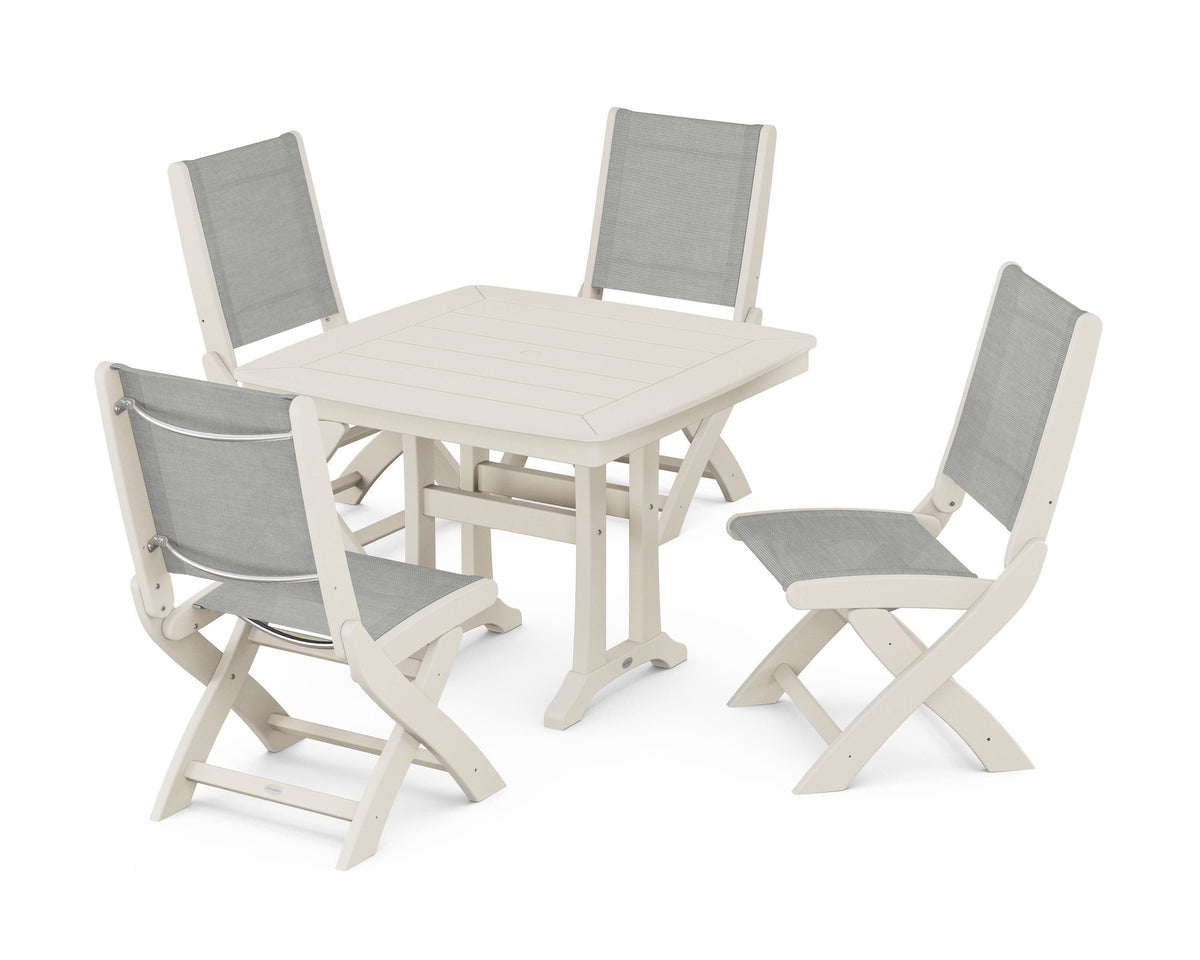POLYWOOD Coastal Folding Side Chair 5-Piece Dining Set with Trestle Legs in Sand / Metallic