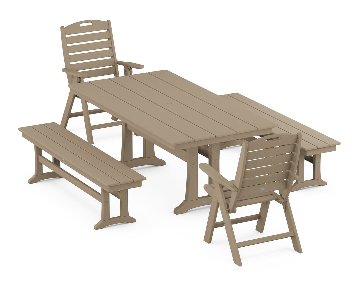 POLYWOOD Nautical Folding Highback Chair 5-Piece Farmhouse Dining Set with Trestle Legs and Benches in Vintage Sahara