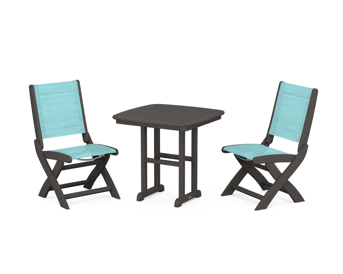 POLYWOOD Coastal Folding Side Chair 3-Piece Dining Set in Vintage Coffee / Dupioni Aquamarine