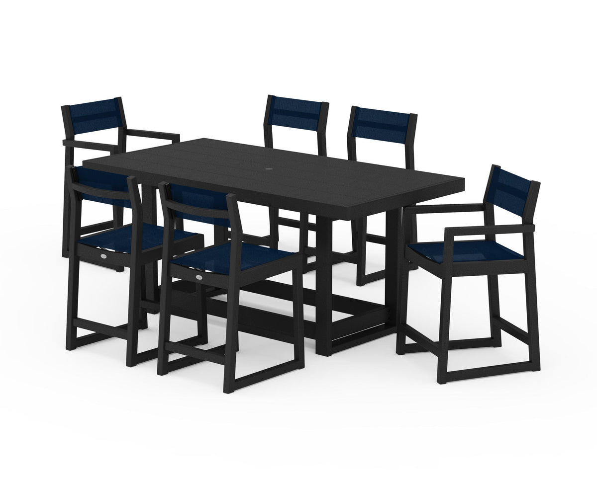 POLYWOOD EDGE Sling 7-Piece Counter Table Set in Black / Navy Blue