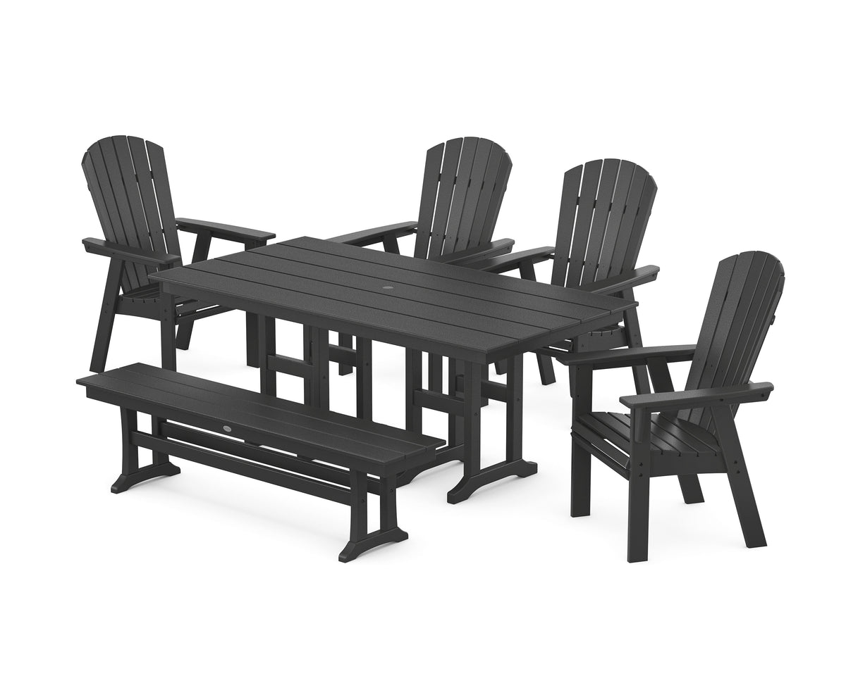 POLYWOOD Nautical Curveback Adirondack 6-Piece Farmhouse Dining Set with Bench in Black