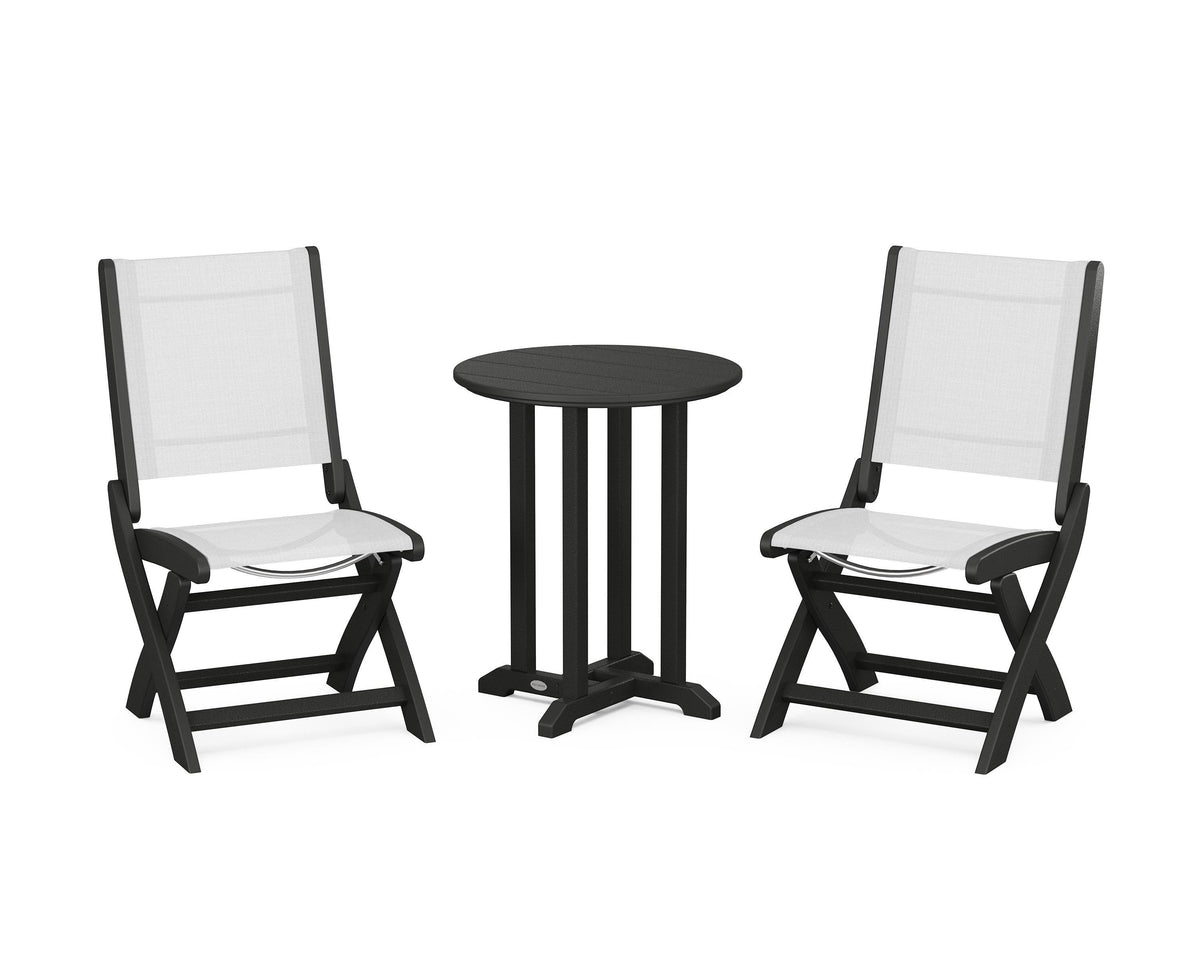 POLYWOOD Coastal Folding Side Chair 3-Piece Round Bistro Dining Set in Black / White
