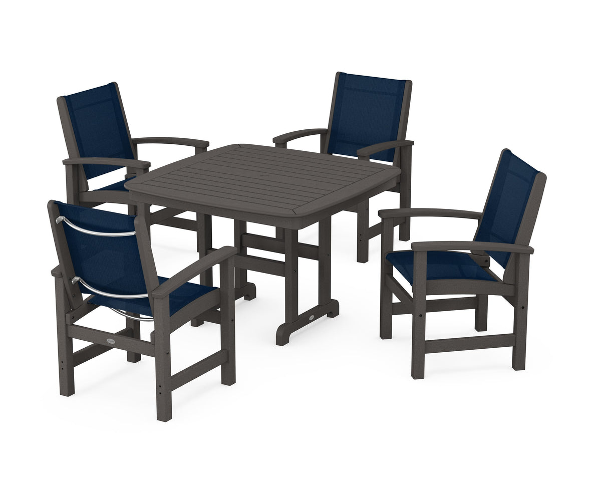POLYWOOD Coastal 5-Piece Dining Set with Nautical 44" Dining Table in Vintage Coffee / Navy Blue