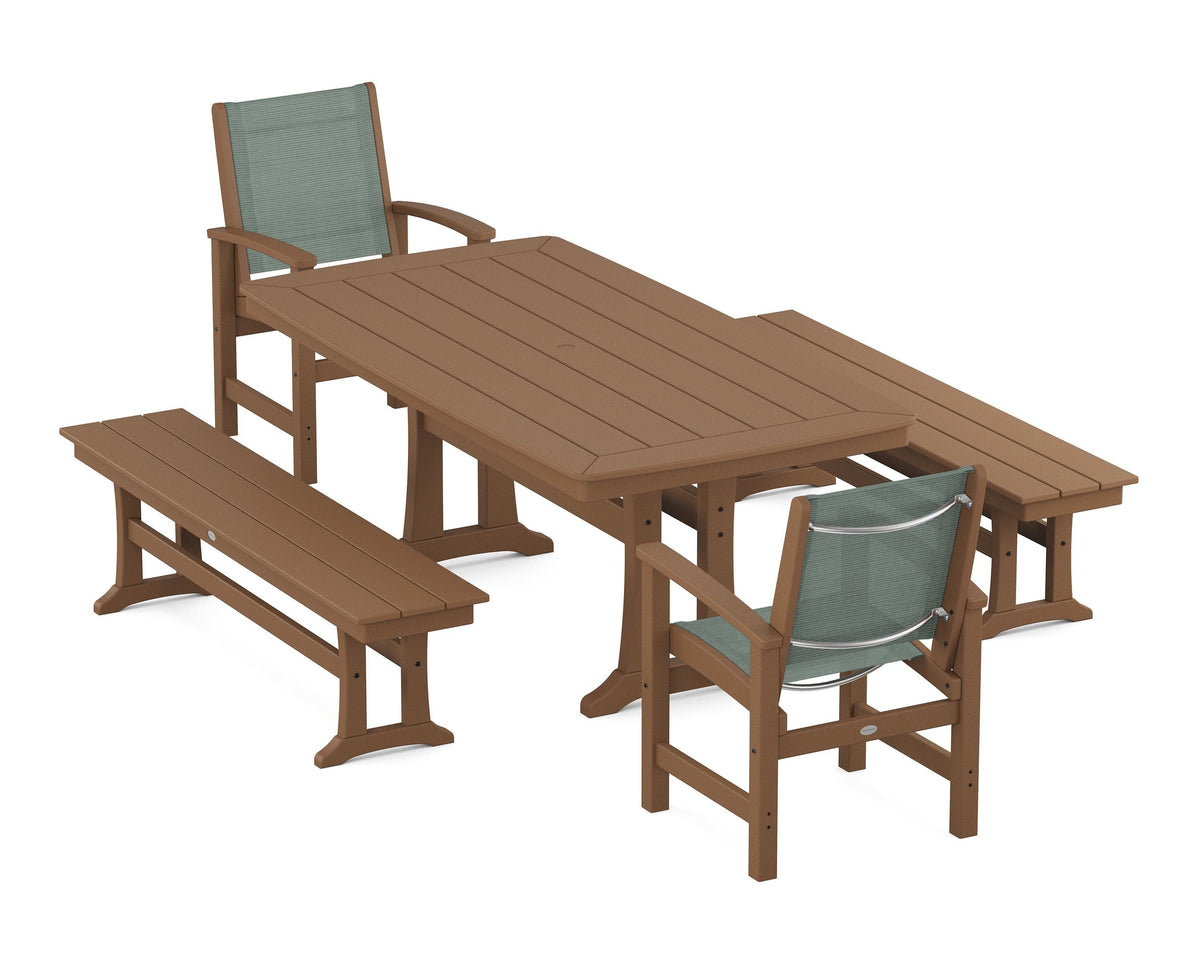 POLYWOOD Coastal 5-Piece Dining Set with Trestle Legs and Benches in Teak / Dupioni Sea Mist