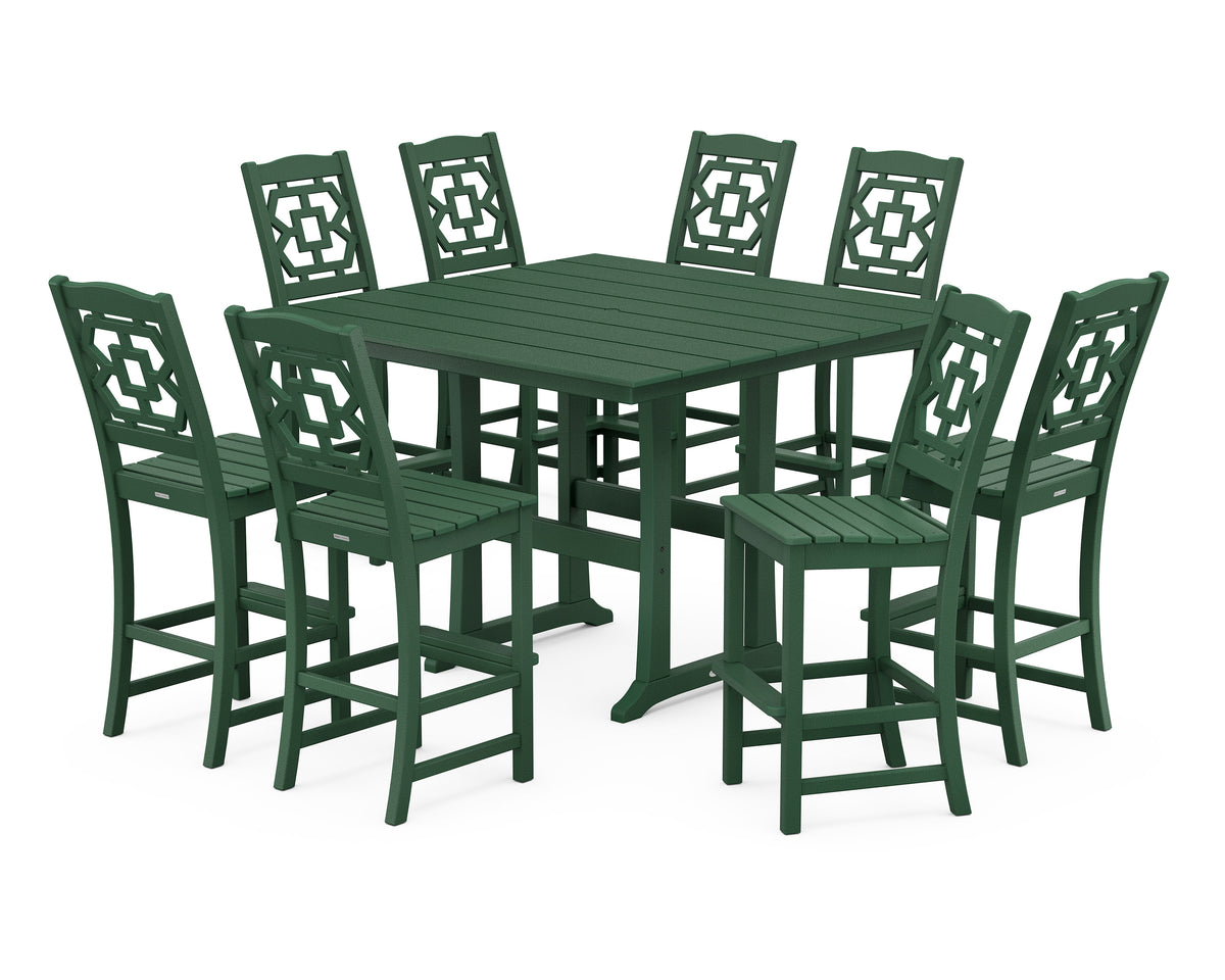 POLYWOOD Chinoiserie 9-Piece Square Farmhouse Side Chair Bar Set with Trestle Legs in Green