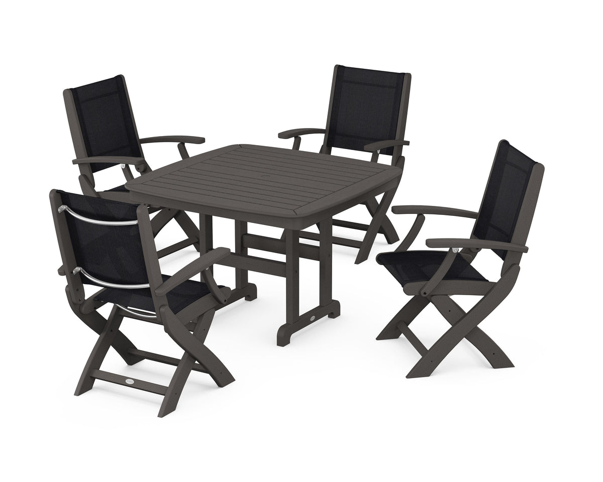 POLYWOOD Coastal Folding Chair 5-Piece Dining Set with Nautical 44" Dining Table in Vintage Coffee / Black