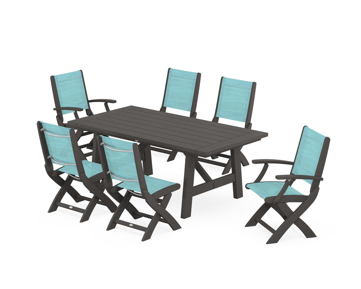 POLYWOOD Coastal Folding Chair 7-Piece Rustic Farmhouse Dining Set in Vintage Coffee / Dupioni Aquamarine