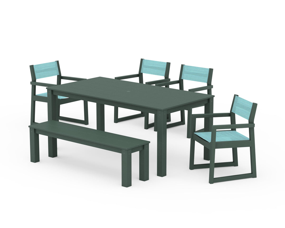 POLYWOOD EDGE Sling Arm Chair 6-Piece Parsons Dining Set with Bench in Green / Dupioni Aquamarine