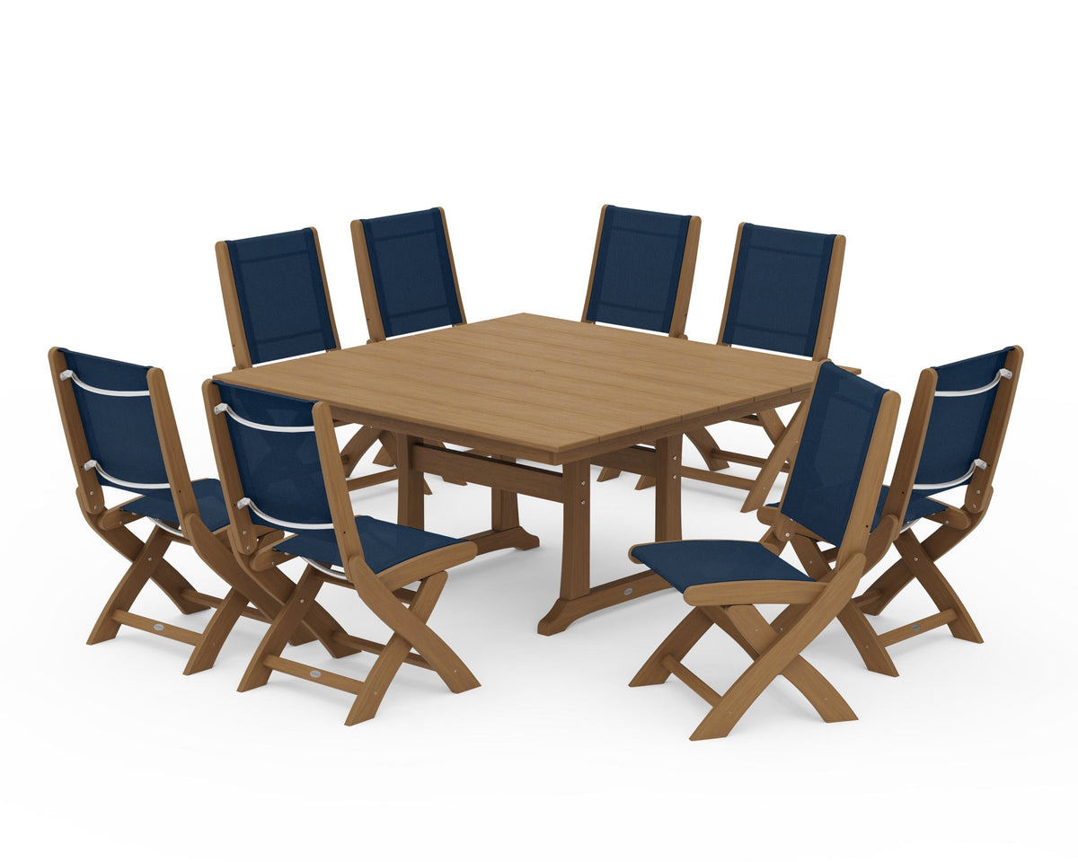 POLYWOOD Coastal Folding Side Chair 9-Piece Farmhouse Dining Set in Natural / Navy Blue