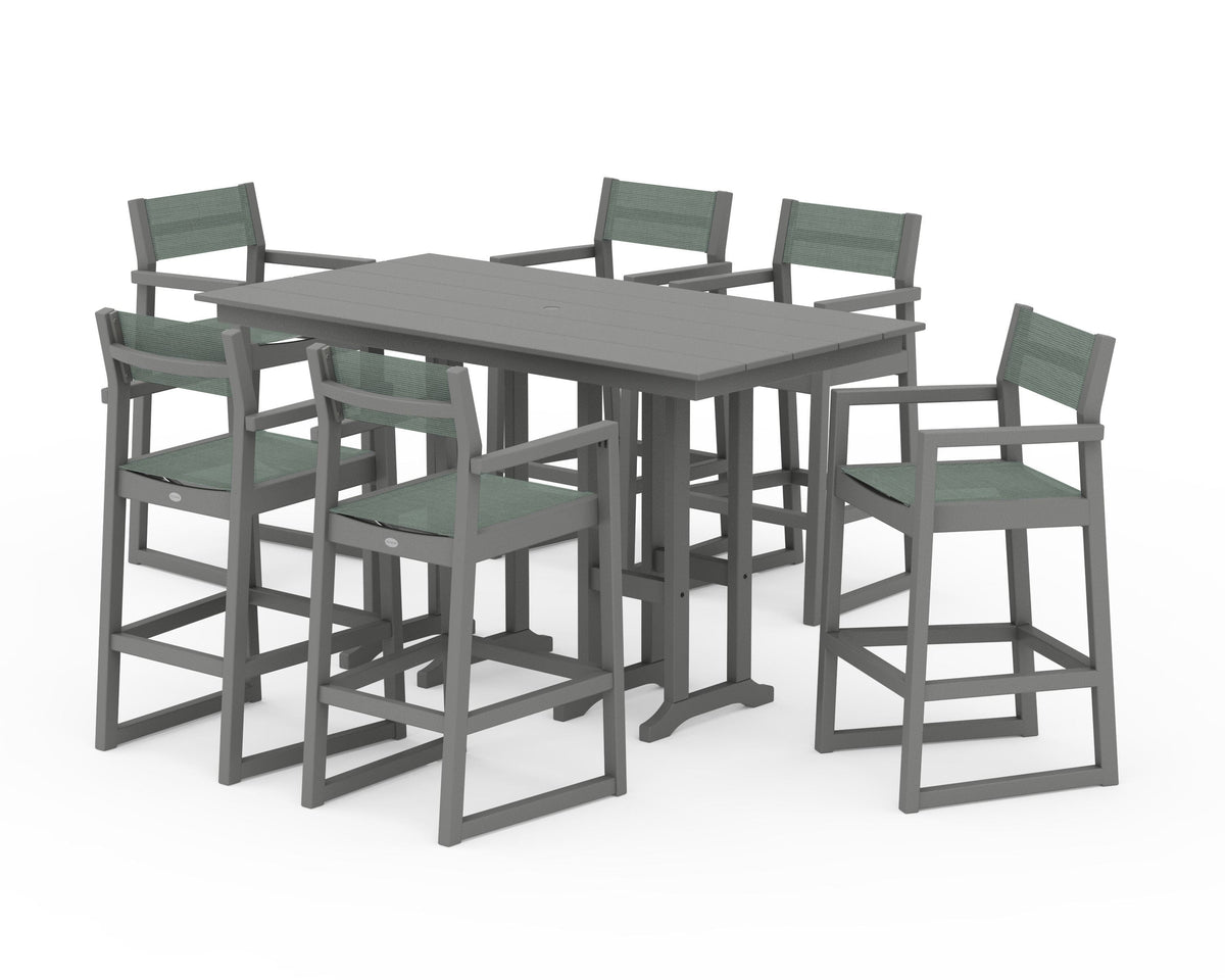 POLYWOOD EDGE Sling Arm Chair 7-Piece Farmhouse Bar Set in Slate Grey / Dupioni Sea Mist