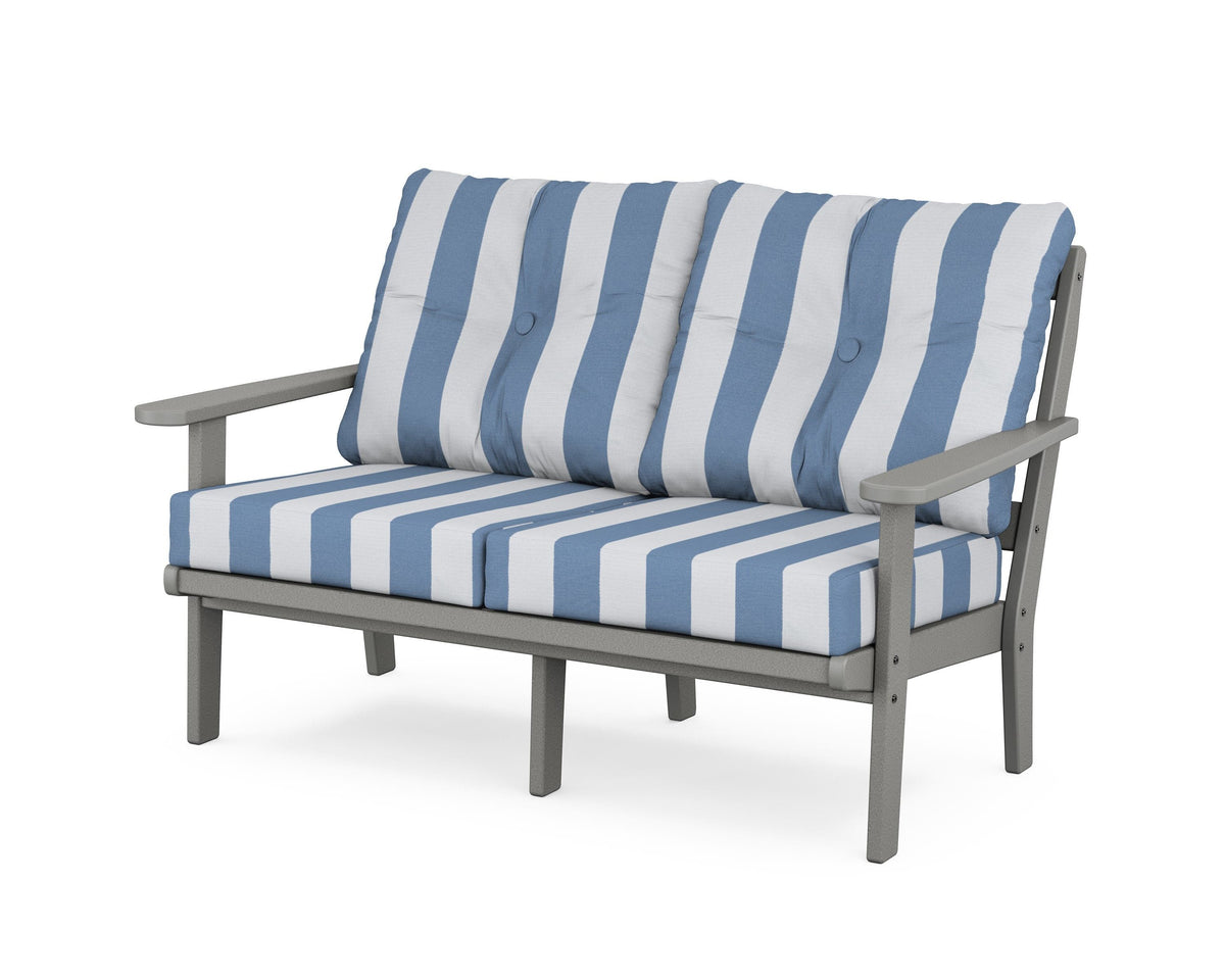 POLYWOOD Mission Deep Seating Loveseat in Slate Grey / Cabana Stripe Sky Blue