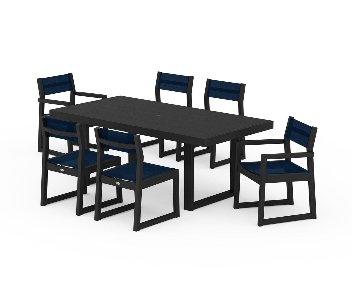 POLYWOOD EDGE Sling 7-Piece Dining Set in Black / Navy Blue