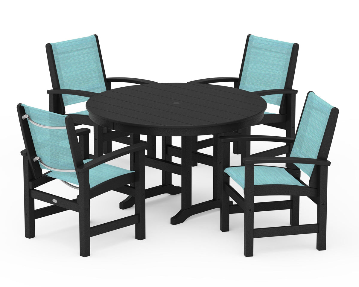 POLYWOOD Coastal 5-Piece Round Farmhouse Dining Set in Black / Dupioni Aquamarine