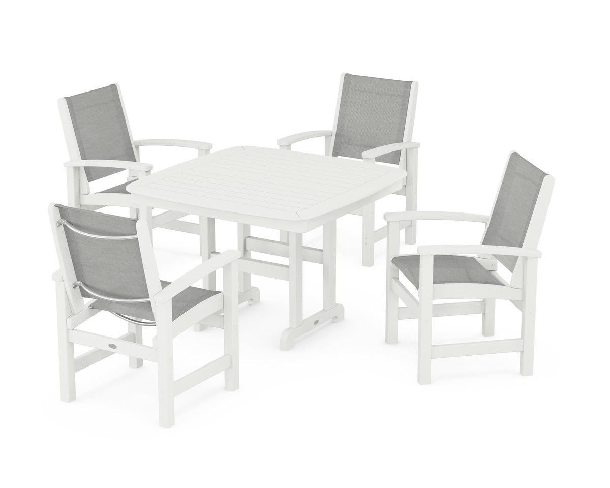 POLYWOOD Coastal 5-Piece Dining Set with Nautical 44" Dining Table in Vintage White / Metallic