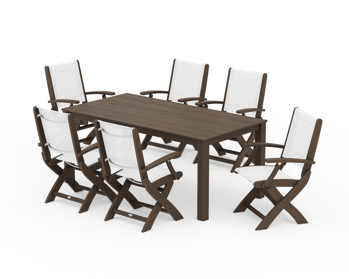 POLYWOOD Coastal Folding Chair 7-Piece Parsons Dining Set in Kona / White