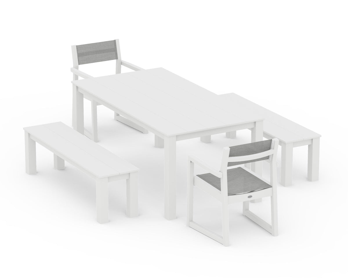 POLYWOOD EDGE Sling Arm Chair 5-Piece Parsons Dining Set with Benches in White / Metallic