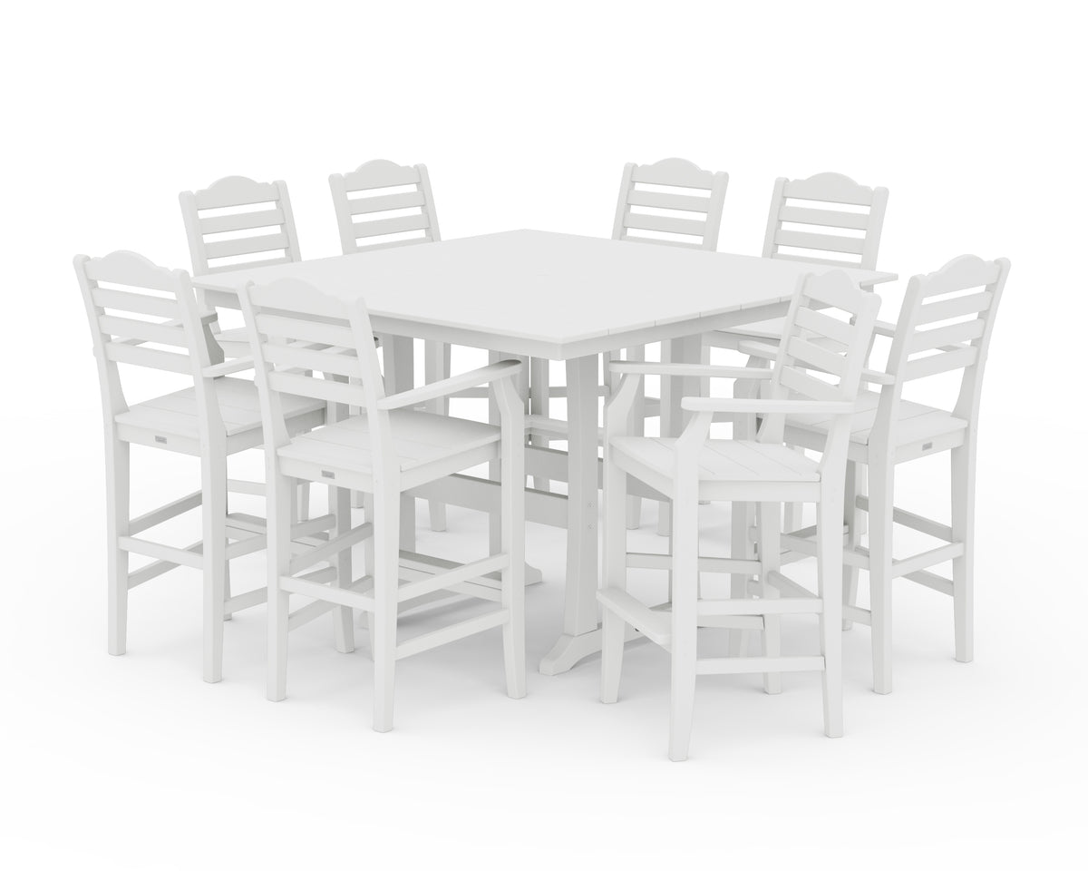 POLYWOOD Savannah 9-Piece Square Farmhouse Bar Set with Trestle Legs in White