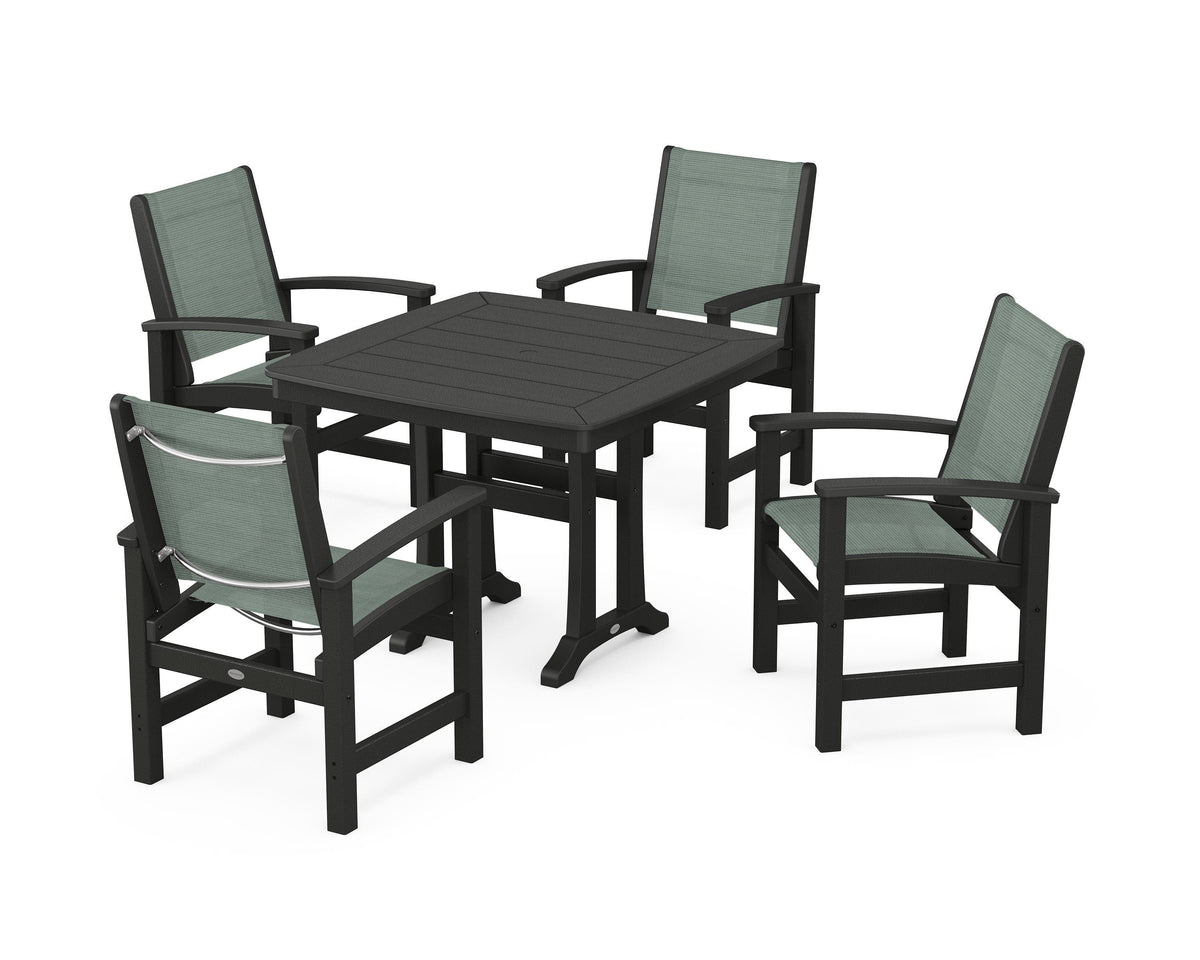 POLYWOOD Coastal 5-Piece Dining Set with Trestle Legs with Nautical Trestle 37" Dining Table in Black / Dupioni Sea Mist