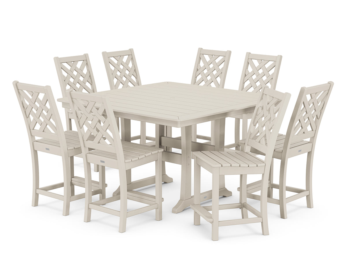 POLYWOOD Country Living Wovendale Side Chair 9-Piece Square Counter Set with Trestle Legs in Sand