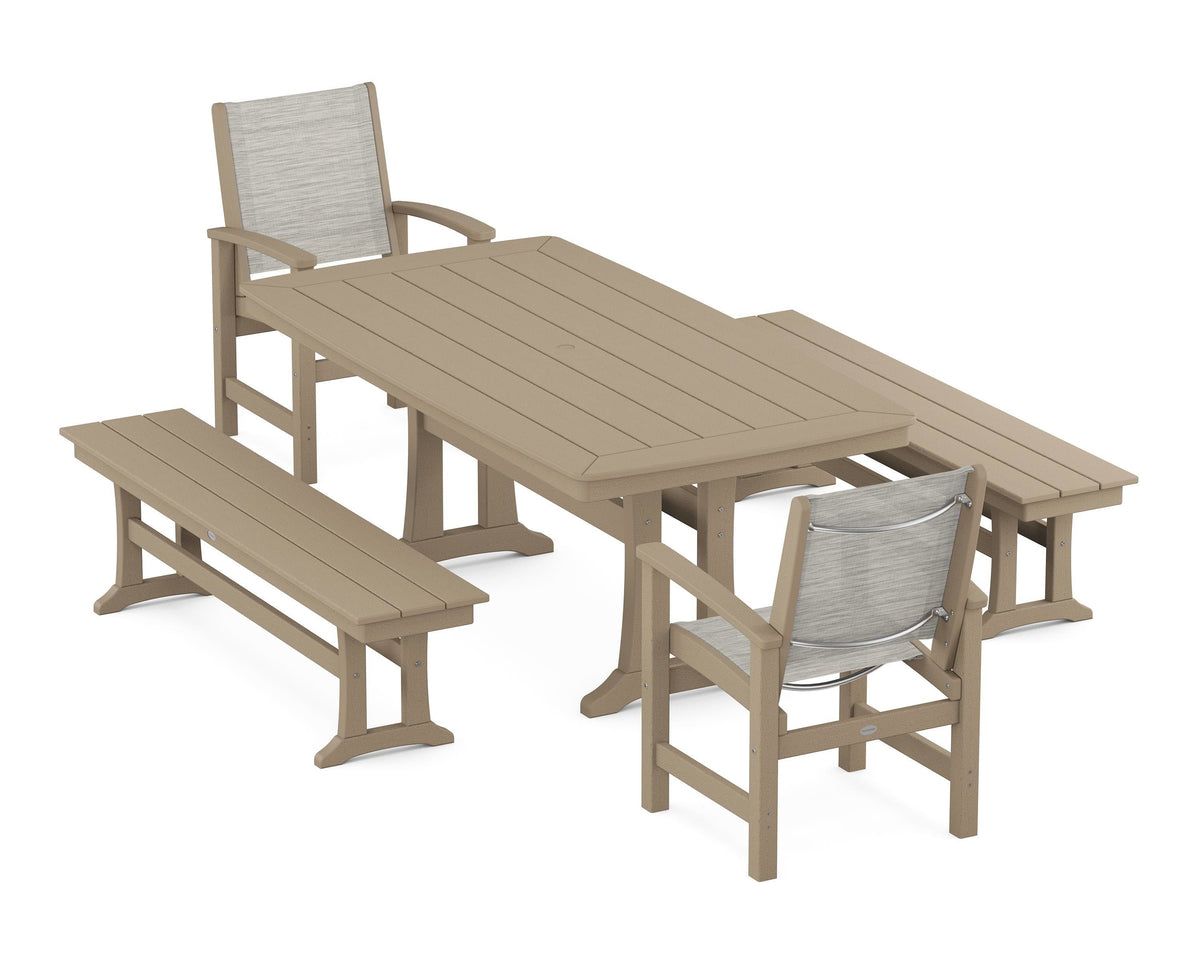 POLYWOOD Coastal 5-Piece Dining Set with Trestle Legs and Benches in Vintage Sahara / Birch