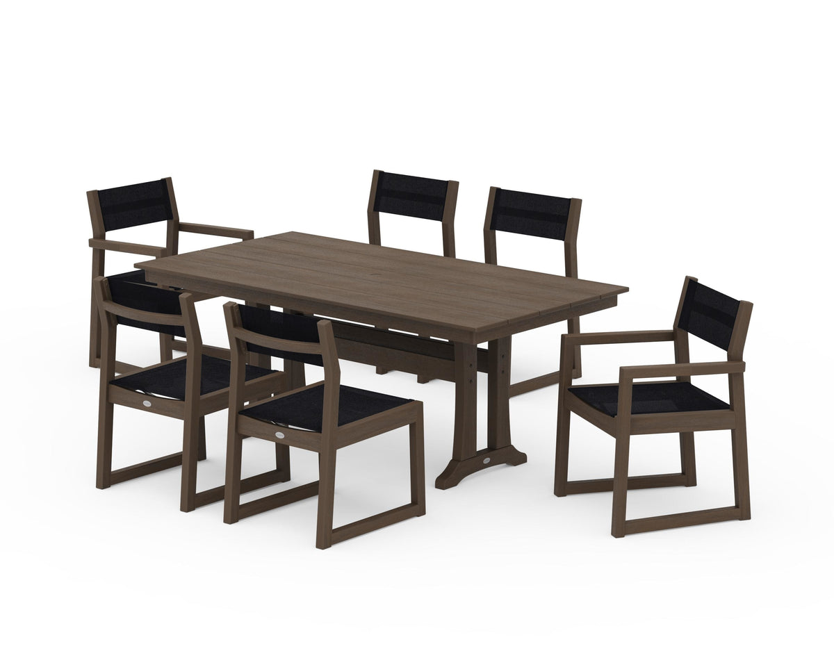 POLYWOOD EDGE Sling 7-Piece Farmhouse Trestle Dining Set in Kona / Black